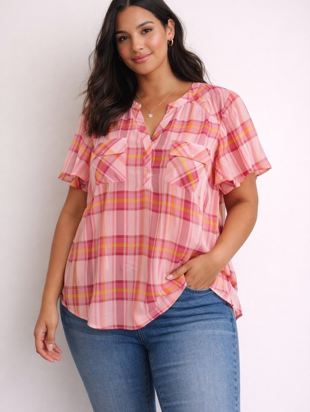 Torrid Harper Blouse Pink Yellow Plaid Flutter Sleeve Lightweight Top Sz 3
